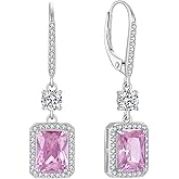 FJ Princess Cut Dangle Drop Earrings 925 Sterling Silver Square Halo Leverback Earrings Birthstone Jewelry for Women