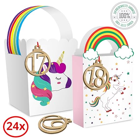 24x Einhorn Adventskalender 2018 | + 3x Ersatztüten | Zum selber Basteln & Befüllen | Geeignet für Kinder | Weihnachten 2018 