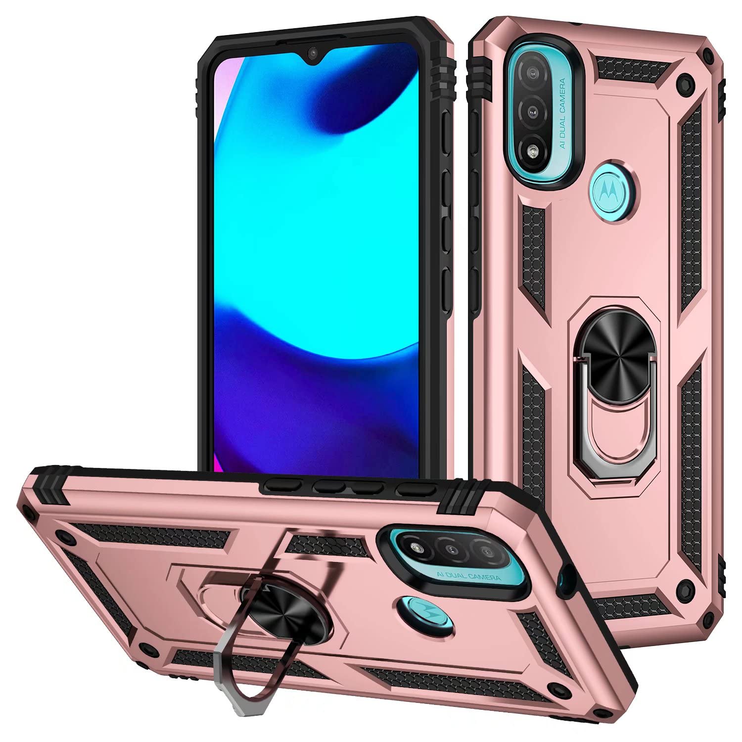 Motorola Moto E20 Case, Moto E40 Case, Moto E30 Phone Case with Ring Holder Military Grade Protective Silicone Shockproof Tough Armor Hard Phone Case Cover for Motorola Moto E20/E40/E30 Rose gold — image 1