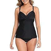 Halcurt Women's Twist Front Tankini Swim Top Only V Neck Loose Fit Bathing Suit Push Up Swimsuit Top