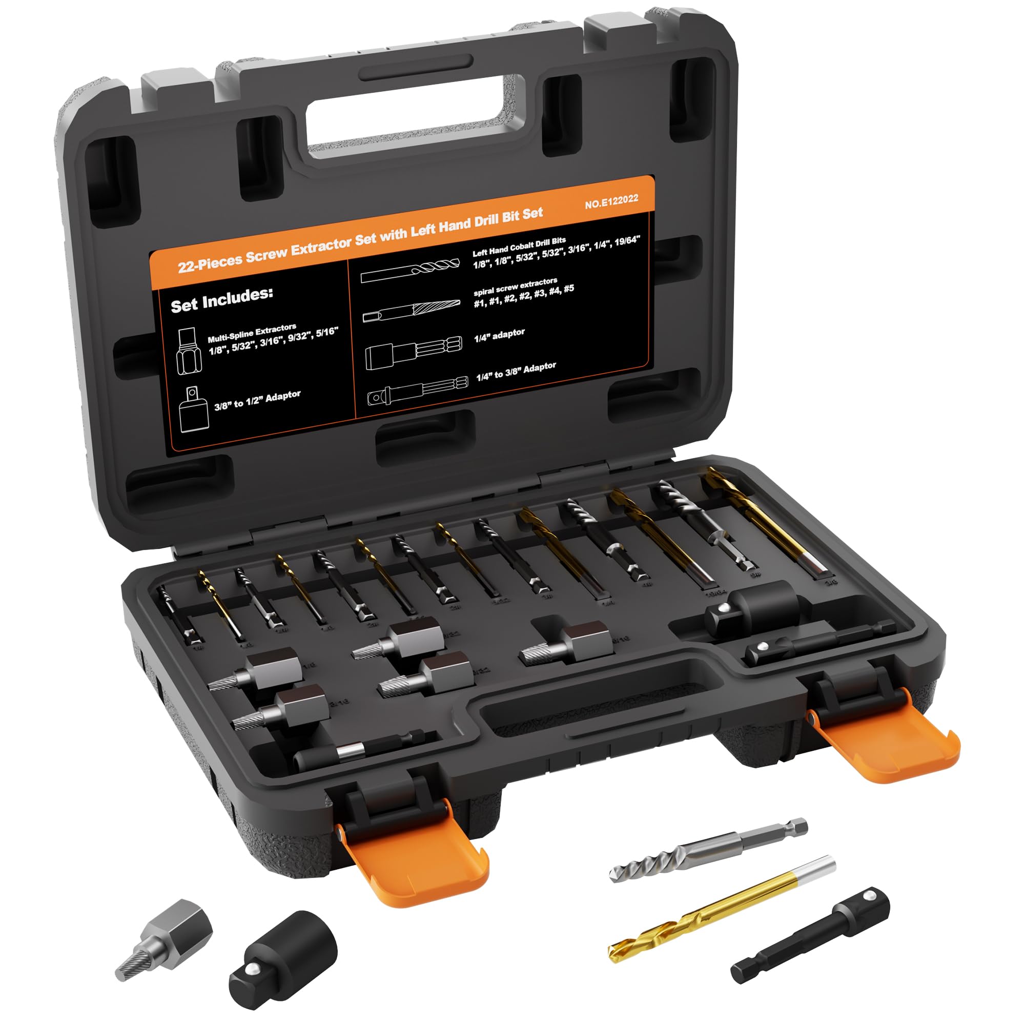 Photo 1 of YEKEPRO 22-Piece Screw Extractor & Left Hand Drill Bit Set, Easy Out Bolt Remover Kit with 3 Adapters for Broken, Rusted, Stripped Nuts, Screws & Studs
