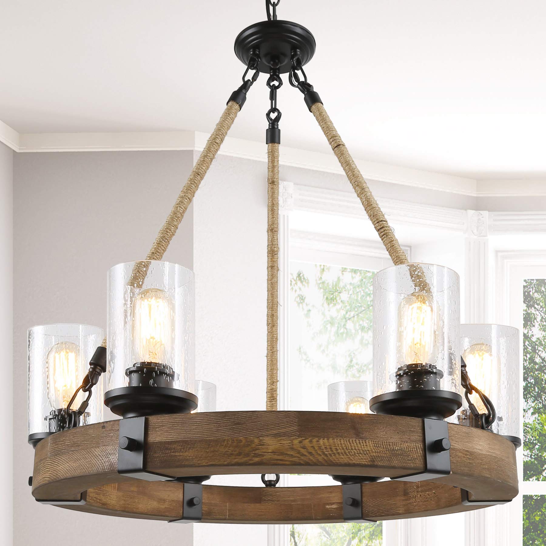 Farmhouse Chandeliers for Dining Rooms, 6-Light 25'' Wagon Wheel Chandelier, Hemp Rope Wood Chandeli