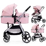 Lortsybab 2-in-1 Baby Stroller - Folding Infant Newborn Pram Stroller with Reversible Seat - Toddler Strollers for 0-36 Months Old Babies (Pink)
