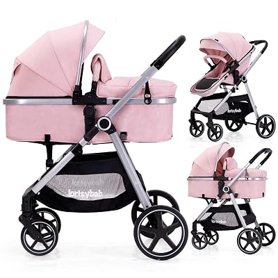 Lortsybab 2-in-1 Baby Stroller - Folding Infant Newborn Pram Stroller with Reversible Seat - Toddler Strollers for 0-36 Months Old Babies (Pink)