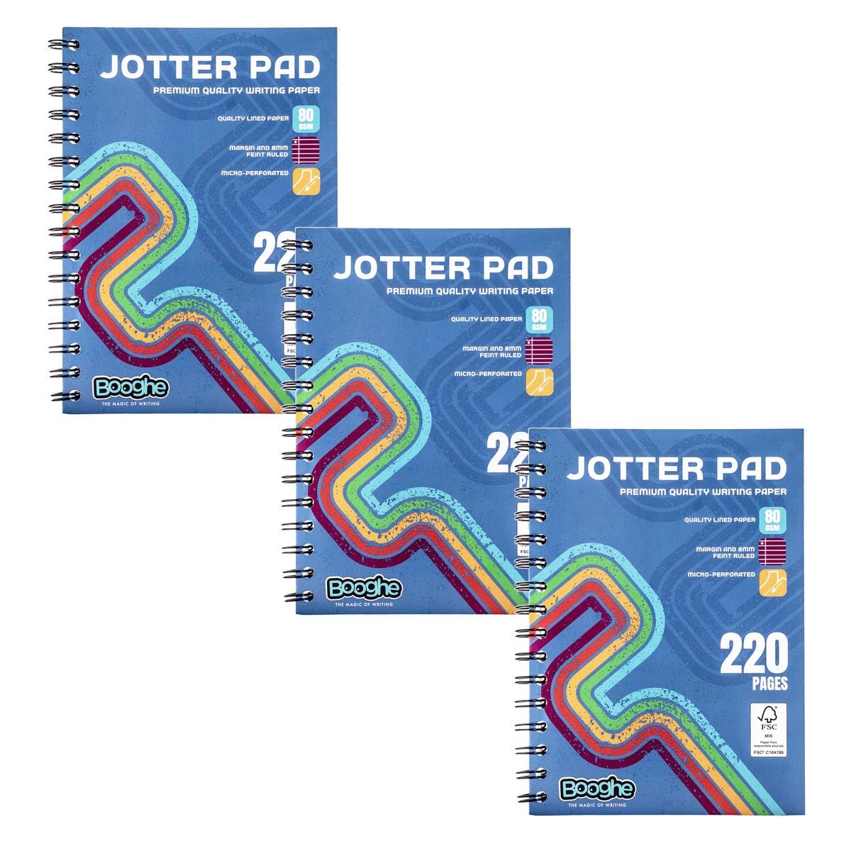 Booghe A5 Lined Jotter Notepad - Cover Wire-Bound Notepads with 220 Pages, Premium Quality Writing Paper 80gsm Lined Paper, Ideal for Home, School, and Office (3 Pack).