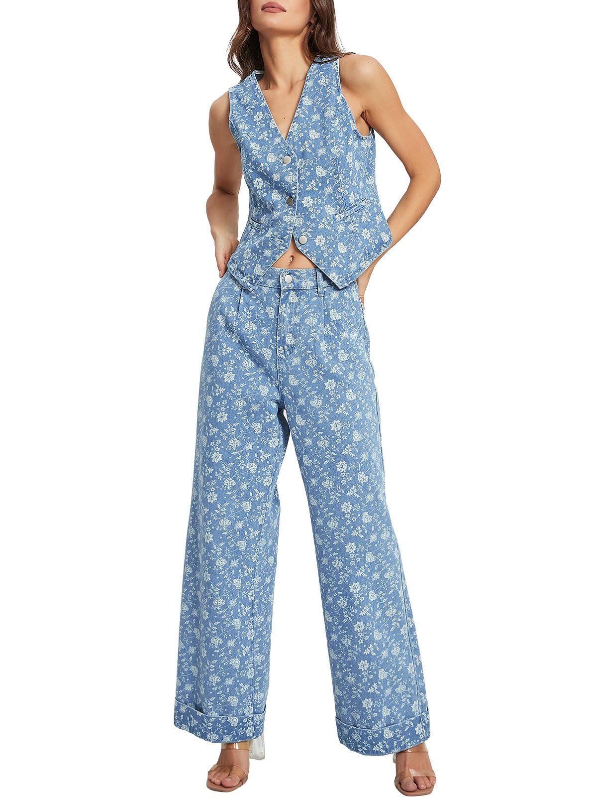 Photo 1 of ****VEST ONLY****SCOFEEL Womens 2 Piece Denim Set Button Sleeveless Jean Vest Pants Sets Y2k Waistcoat Wide Leg Jeans Two Piece Casual Outfits