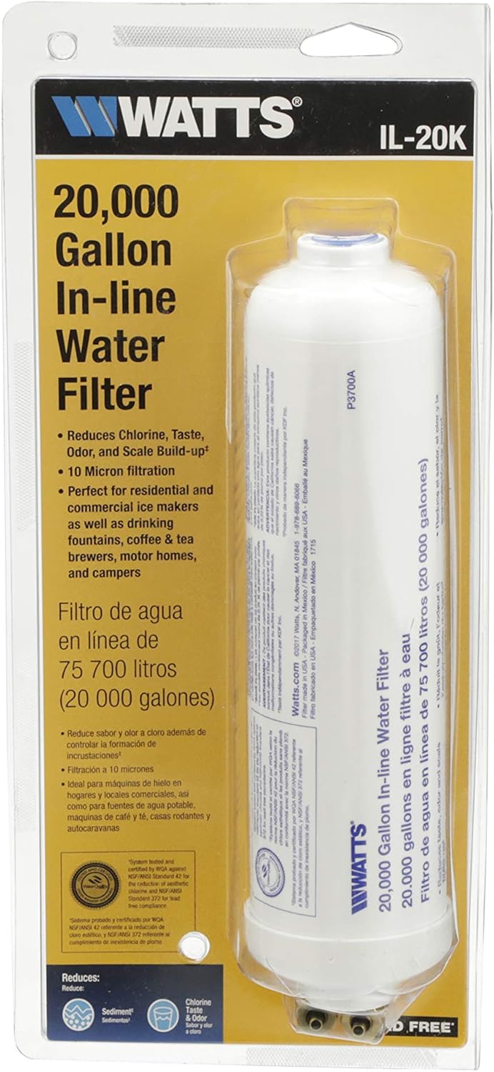 Watts Inline Water Filter 20, 000 gallon Capacity- Inline Filter for refrigerator, Ice Maker, Under Sink, and Reduces Bad Taste, Odors, Chlorine and Sediment in Drinking Water - Replacement Refrigerator Dispenser Water Filters - 