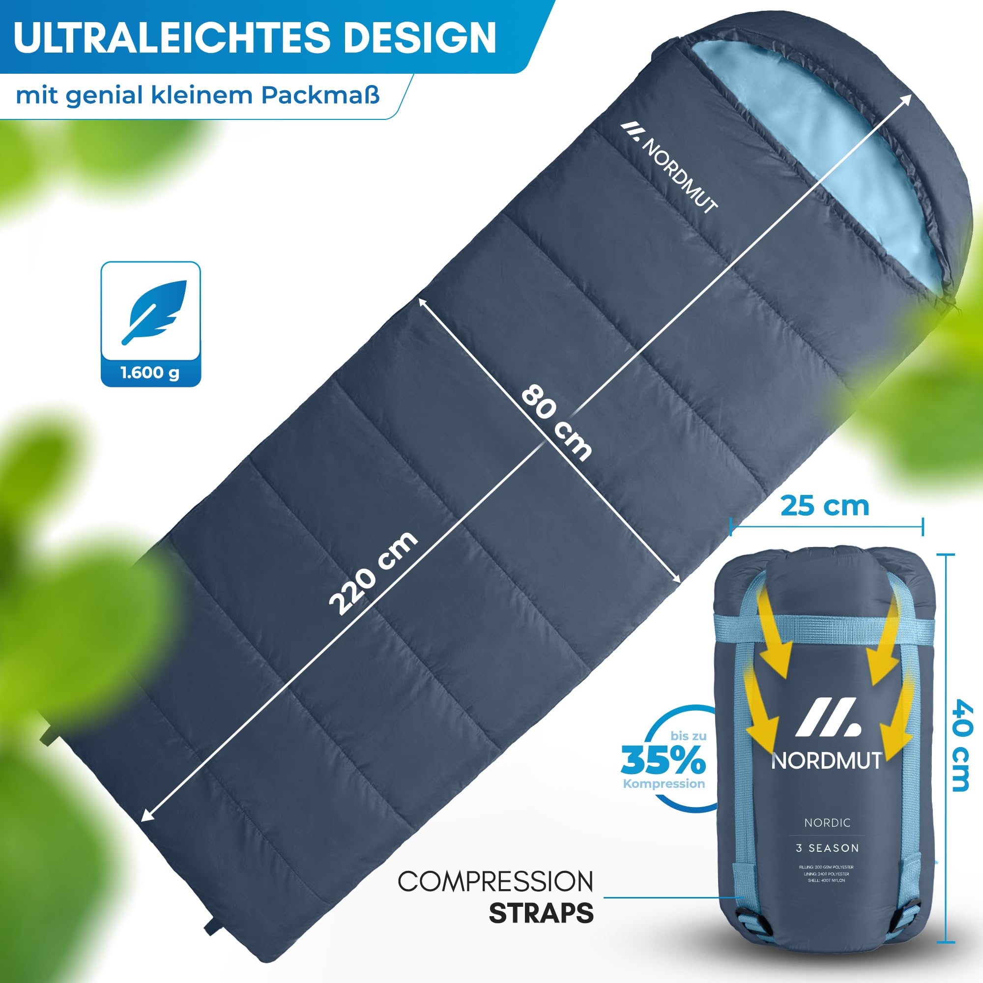 NORDMUT® Deckenschlafsack Erwachsene mit Zwei-Wege YKK-Reißverschluss – kleines Packmaß & Ultraleicht 1600g – 3-Jahreszeiten (250 GSM) – Schlafsack für Camping, Outdoor & Festivals (Marine) 5