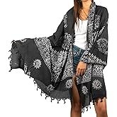 Tribe Azure Fair Trade Large Scarf Wrap Yoga Soft Cotton Mix Hand Printed Boho Bohemian White Black Yellow