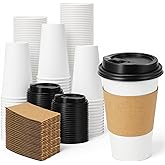 Lamosi 100 Pack 16 oz Disposable Coffee Cups with Lids and Sleeves, Leak-Proof To Go Paper Coffee Cups with Lids, Hot/Cold Beverage White Drinking Cup for Home, Office, Parties, Travel