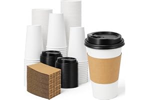Lamosi 100 Pack 16 oz Disposable Coffee Cups with Lids and Sleeves, White Leak-Proof To Go Coffee Cups with Lids, Hot/Cold Beverage White Drinking Cup for Home, Office, Parties, Travel