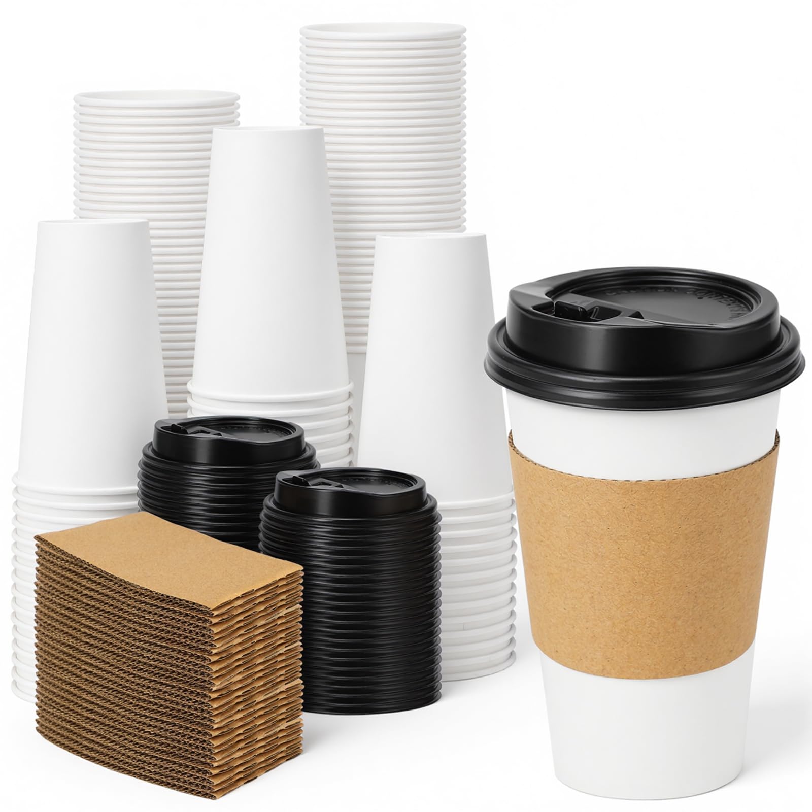 Lamosi 100 Pack 16 oz Disposable Coffee Cups with Lids and Sleeves, White Leak-Proof To Go Coffee Cups with Lids, Hot/Cold Beverage Drinking Cup for Home, Office, Hotel, Parties, Travel