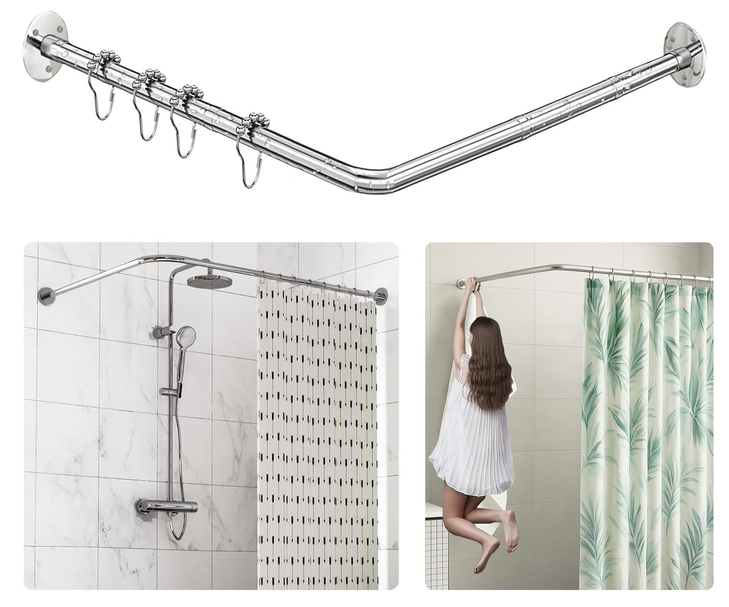 L Shaped Corner Shower Curtain rail, 「60-133 x 60-133 cm」 Adjustable, Unsagging, Drill-free Install, 304 Stainless steel 90° Curved Rod with 12 Shower Curtain Rings for Bathroom, Clothing Store — image 1
