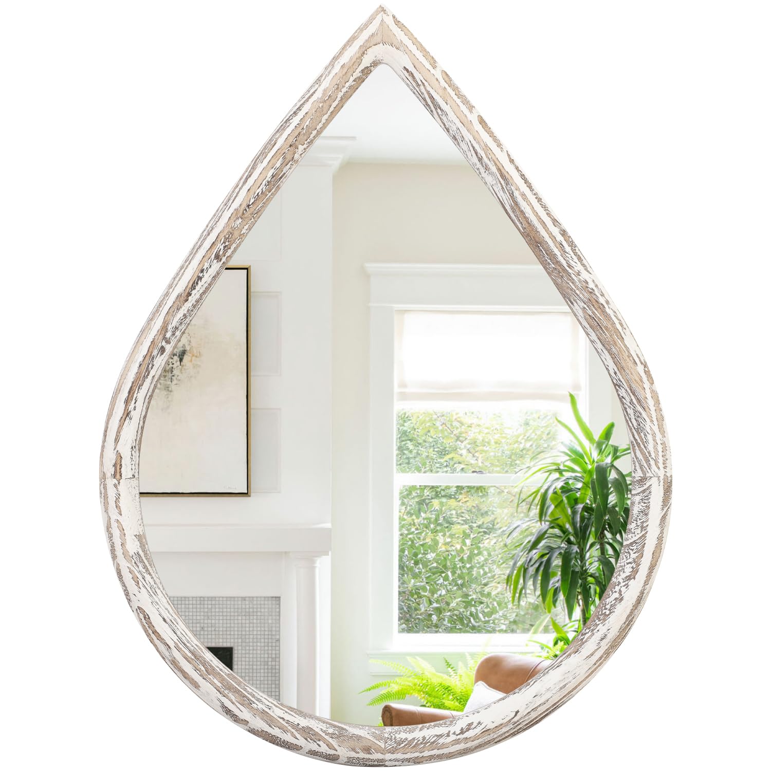 FEUFOAM Wall Hanging Mirror With Wood Frame - Rustic White Droplet Farmhouse Oval Small Decorative Mirror for Bathroom, Living Room, Entryway, Hallway