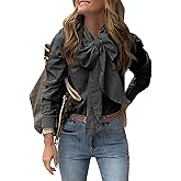 Cicy Bell Womens Plaid Shirts Bow Tied Neck Button Down Long Sleeve Casual Dressy Blouse Tops Black