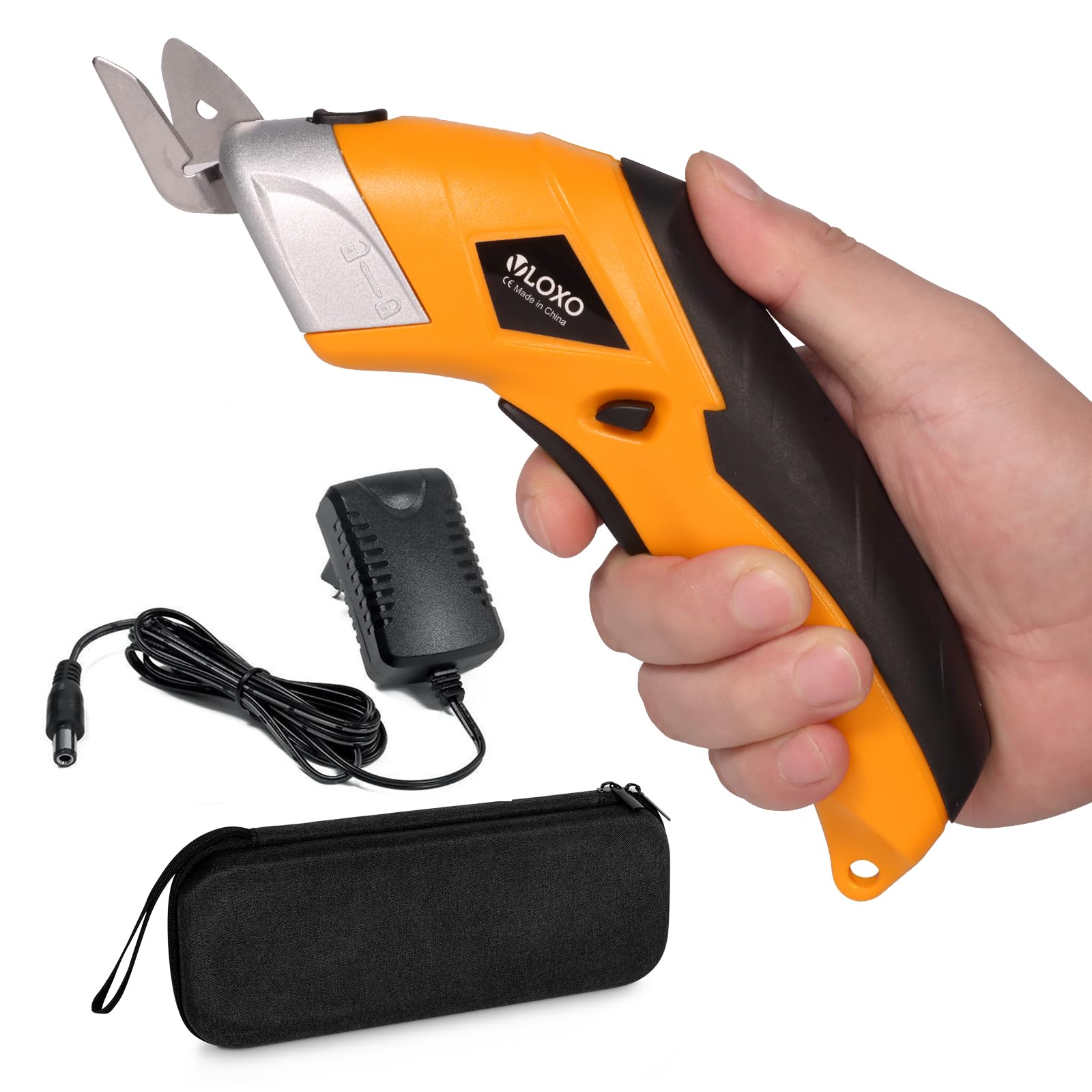 VLOXO Electric Scissors Wireless Cardboard Cutter Electric Fabric Scissors Box Cutter with 2 Blades Rechargeable Powerful Fabric Cutter for Crafts Leather Carboard Carpet Plastic Felt with Case-Yellow