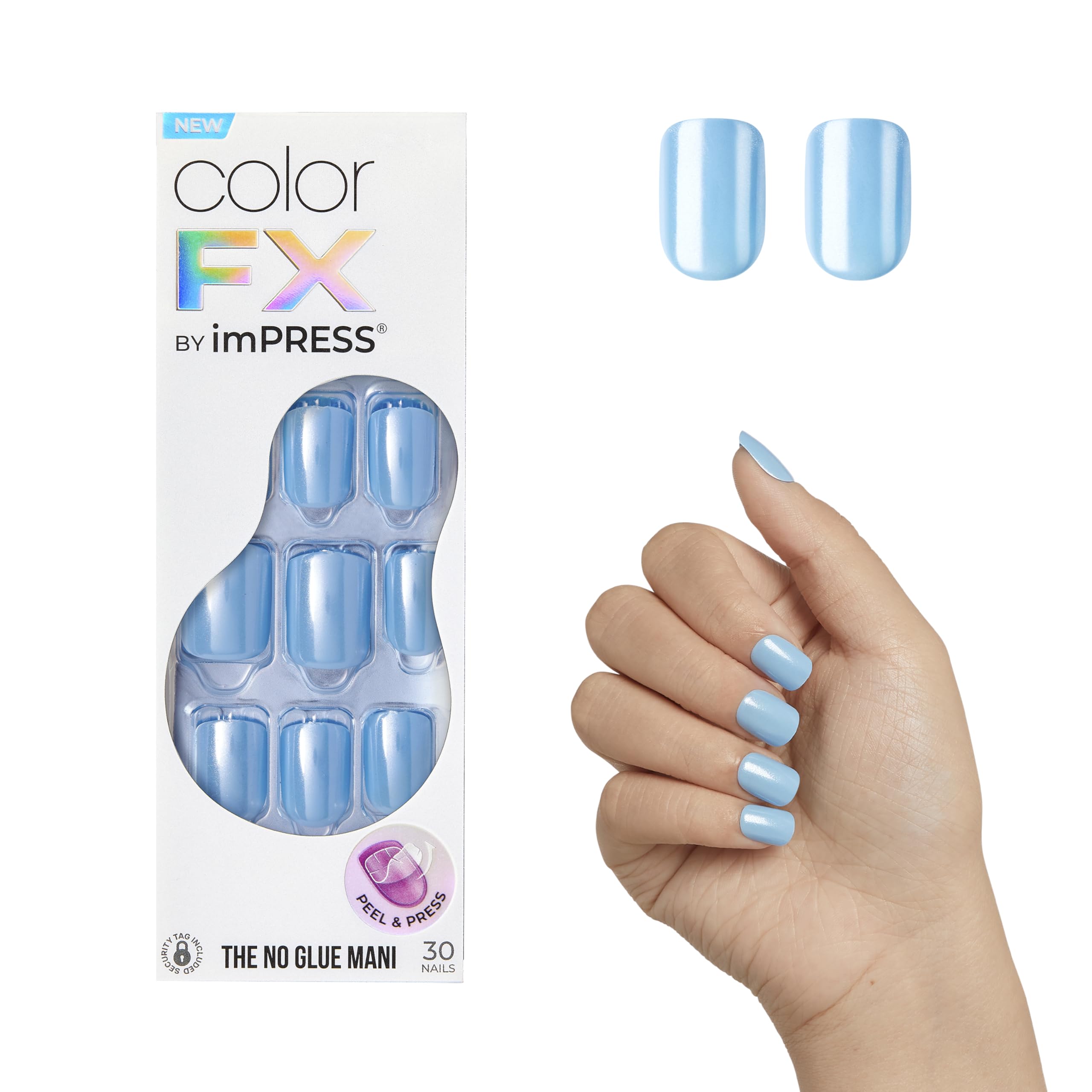 KISS imPRESS No Glue Mani Press-On Nails, Color FX, 'Meta', Medium Blue, Short Size, Squoval Shape, Includes 30 Nails, Prep Pad, Instructions Sheet, 1 Manicure Stick, 1 Mini File