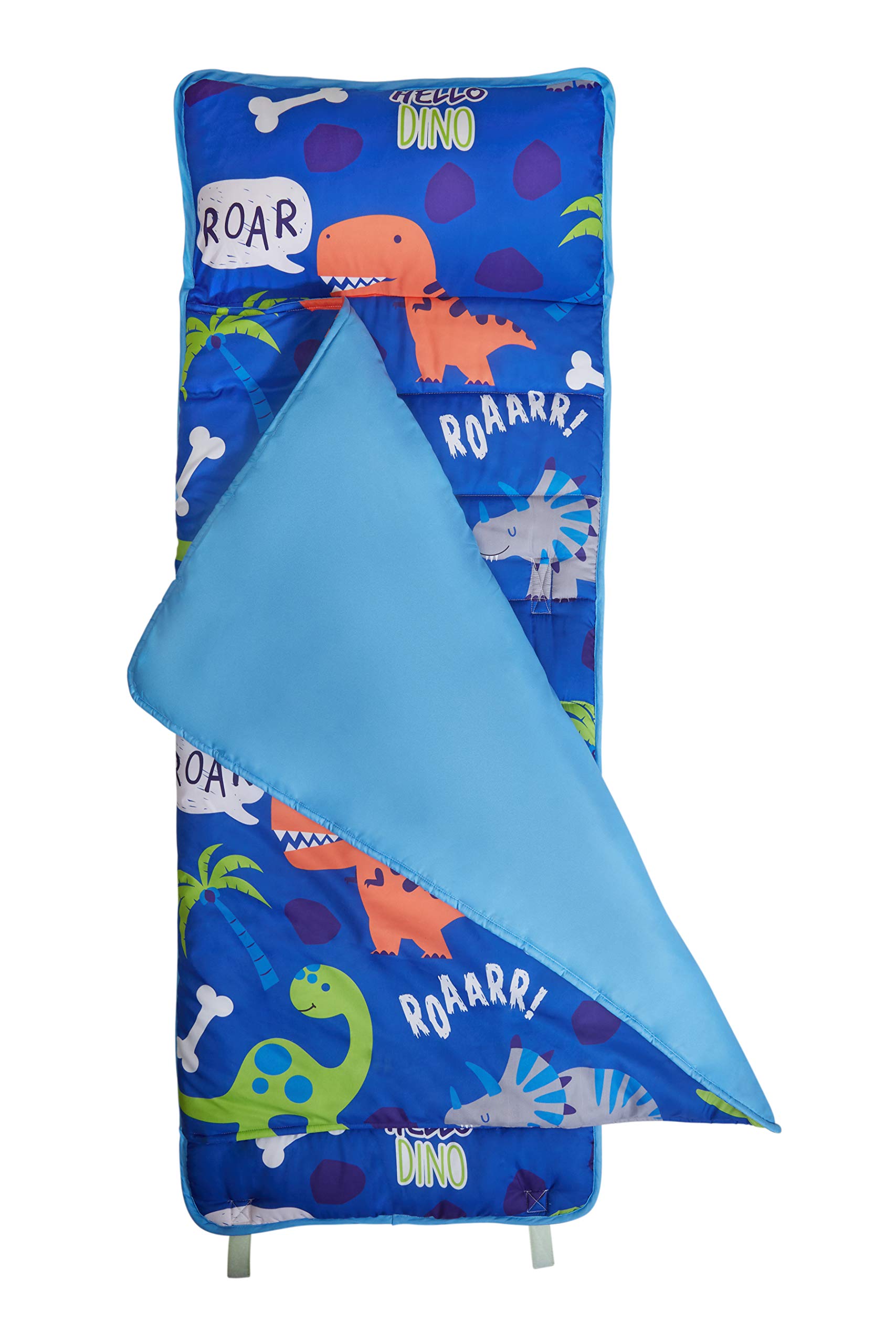 EVERYDAY KIDS Nap Mat with Removable Pillow - Roarin' Dinos - Carry Handle with Straps Closure, Rollup Design, Soft Microfiber for Preschool, Daycare, Travel Sleeping Bag - Ages 3-6 Years