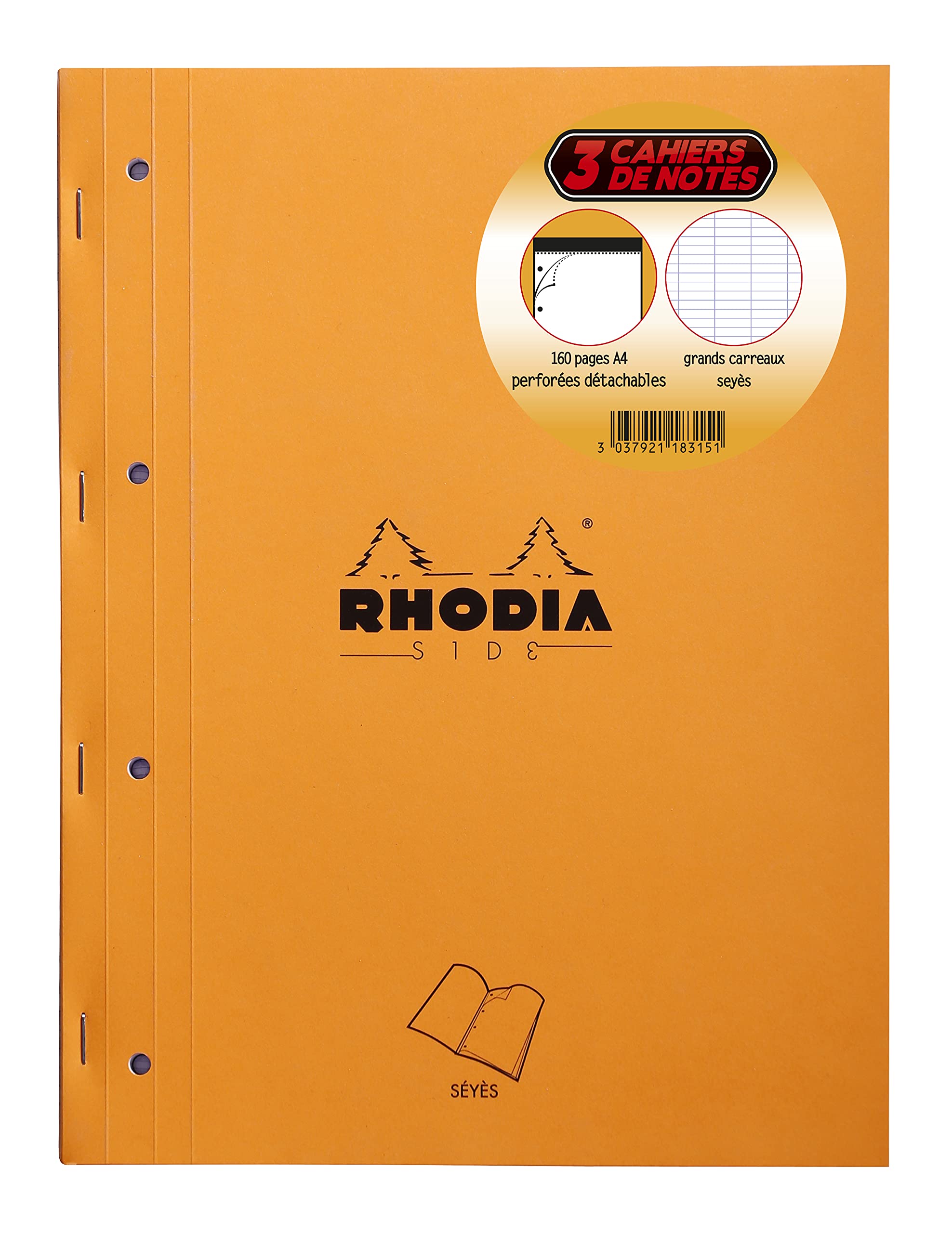 RHODIA 118315C - Set of 3 Orange Side Stapled Note Pads - A4 - Large Squares - 80 Detachable Sheets 4 Hole Perforation, Clairefontaine White 80 gsm Paper