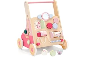 PairPear Wooden Baby Walker Push and Pull Learning Activity Walker, 8-in-1 Montessori Busy Board Push Walker Wooden Activity Center Toys for Boys and Girls 12m+ （Pink Rabbit）