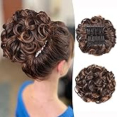 WIGER Messy Hair Bun Clip in Updo Hairpieces for Women Brown Curly Scrunchies Tousled Chignon Synthetic Short Ponytail Hair Extensions