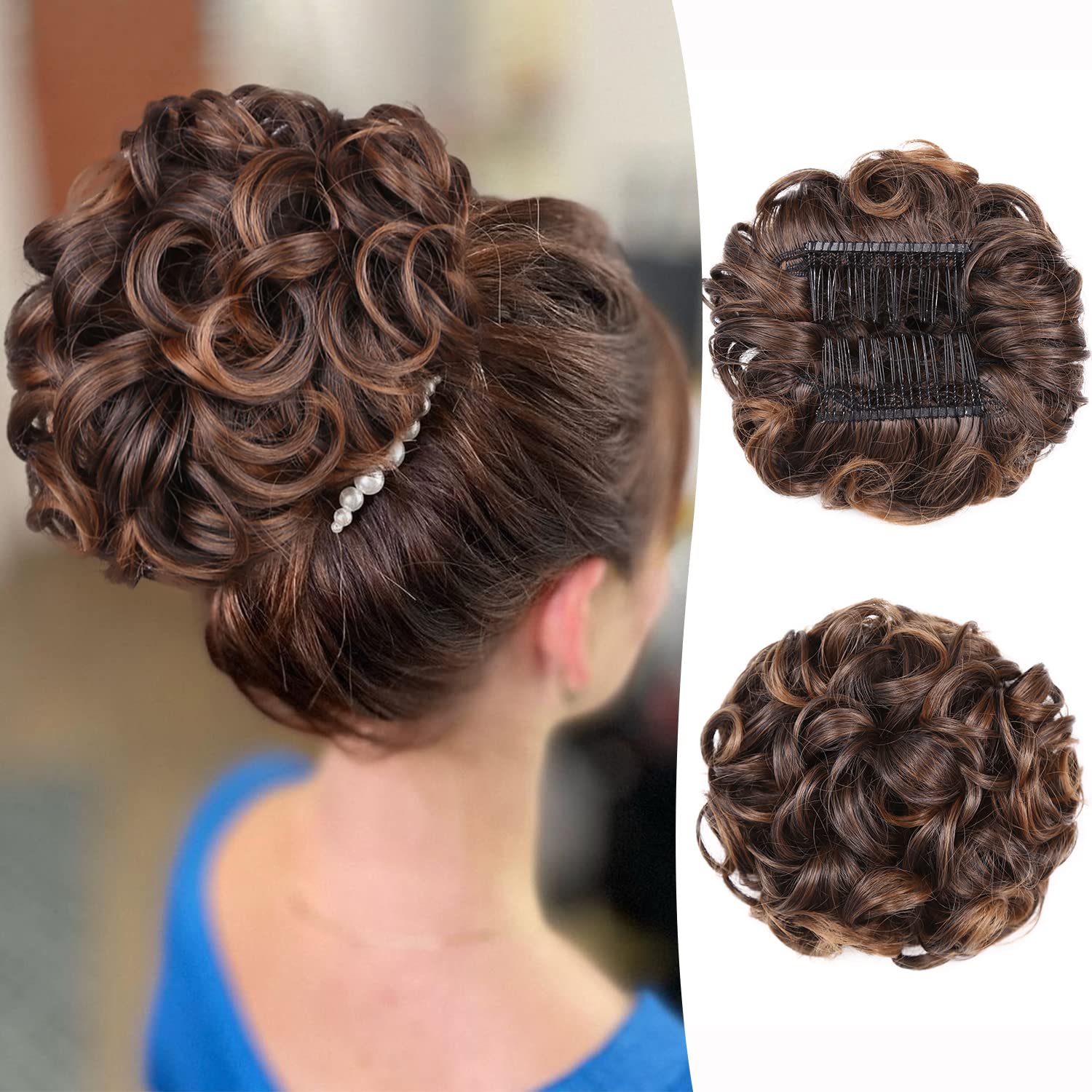 Photo 1 of WIGER Messy Hair Bun Clip in Updo Hairpieces for Women Brown Curly Scrunchies Tousled Chignon Synthetic Short Ponytail Hair Extensions