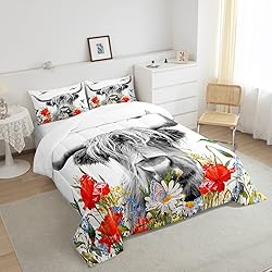 Highland Cow Comforter Set King, Red Poppy Floral