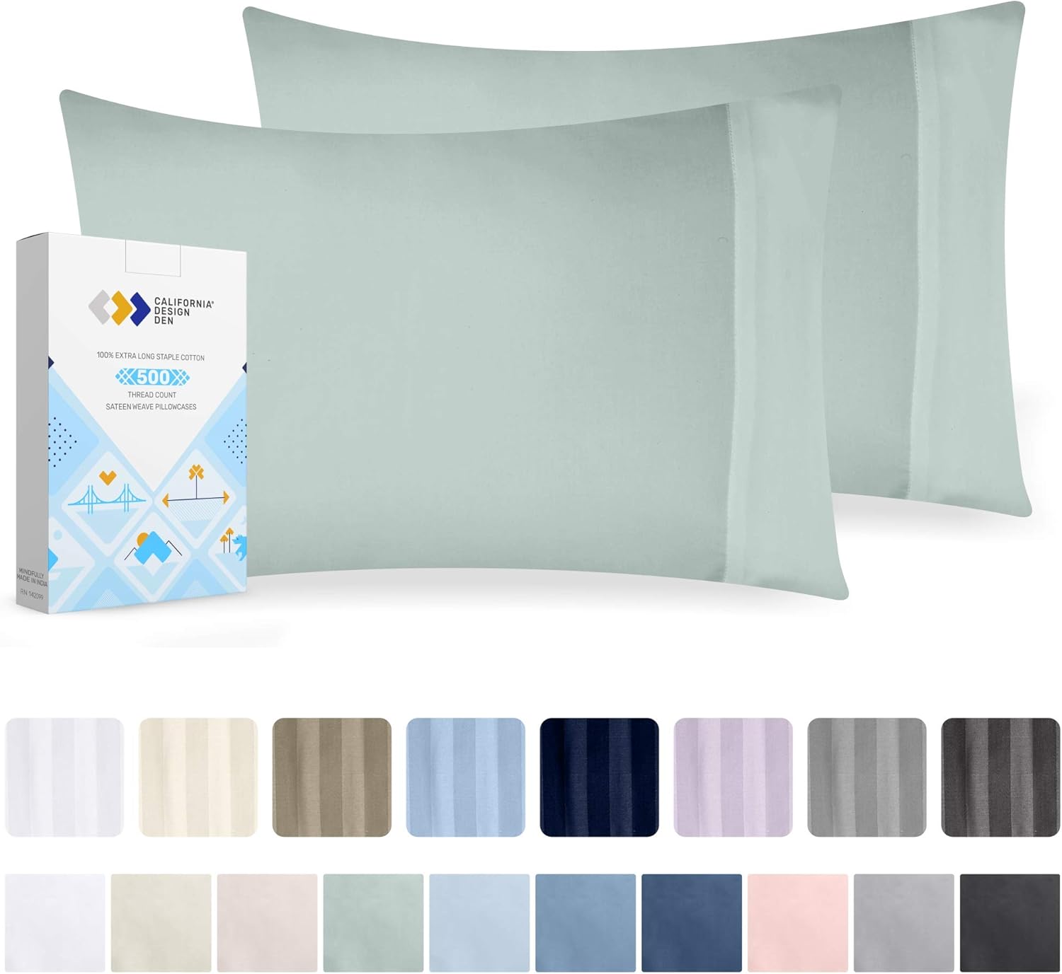 California Design Den Silver Sage King Pillowcase Set - 2 Piece Smooth Pillowcover Set, 500 Thread Count Sateen Weave, 100% Natural Extra Long Staple Cotton for Ultimate Comfort