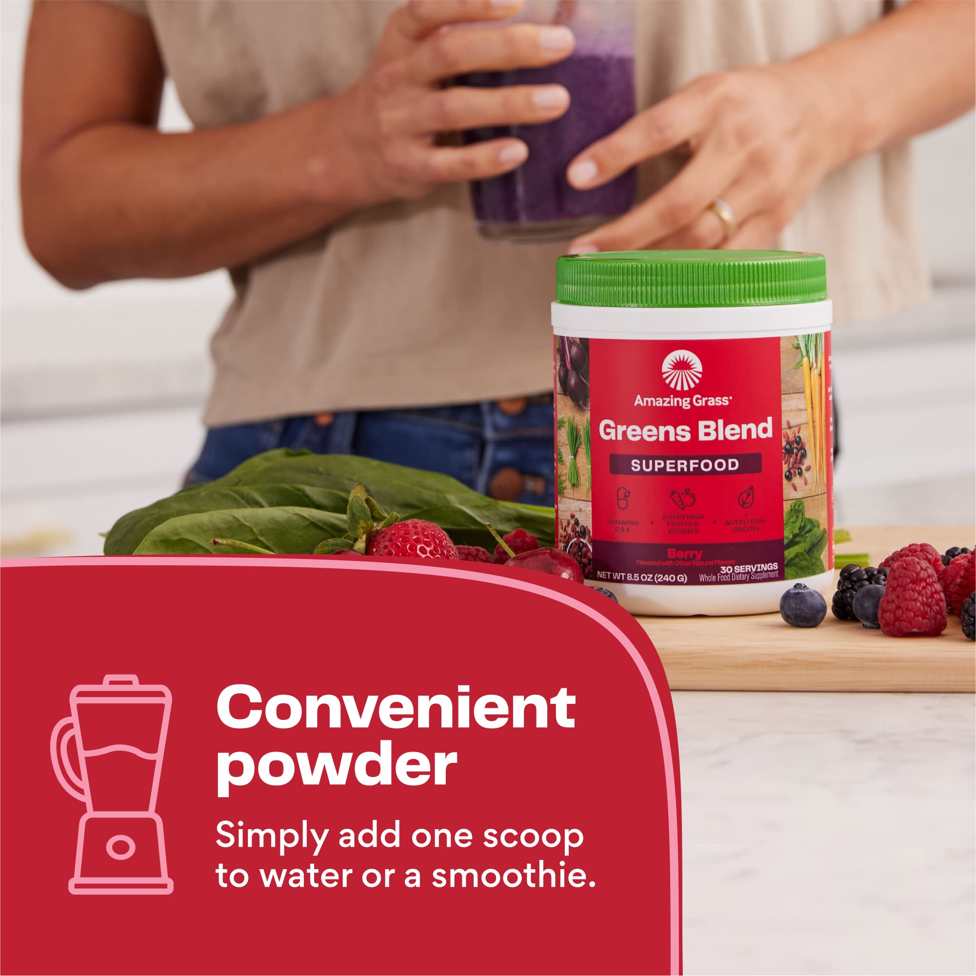 Amazing Grass Greens Blend Superfood: Super Greens Powder Smoothie Mix with Spirulina, Chlorella, Beet Root Powder, Digestive Enzymes & Probiotics, Berry, 60 Servings (Packaging May Vary)