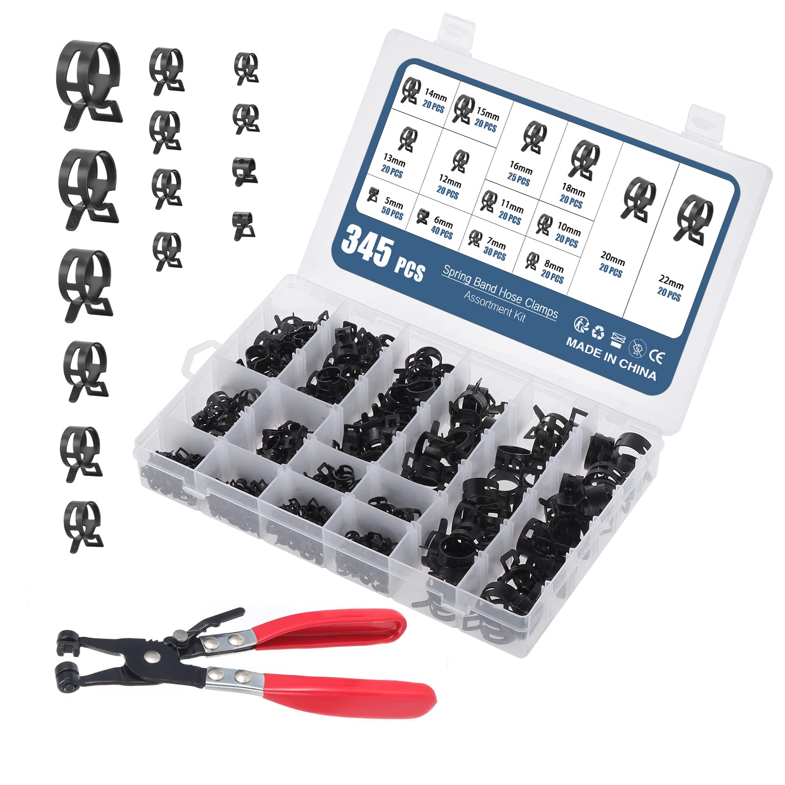 Faankiton 345PCS 14 Sizes 5-22mm Fuel Line Hose Clips Water Pipe Air Tube Silicone Vacuum Hose Clamp Fastener Assortment Kit, Fuel Line Clamps, Spring Hose Clamps with a Hose Clamp Pliers (Black)