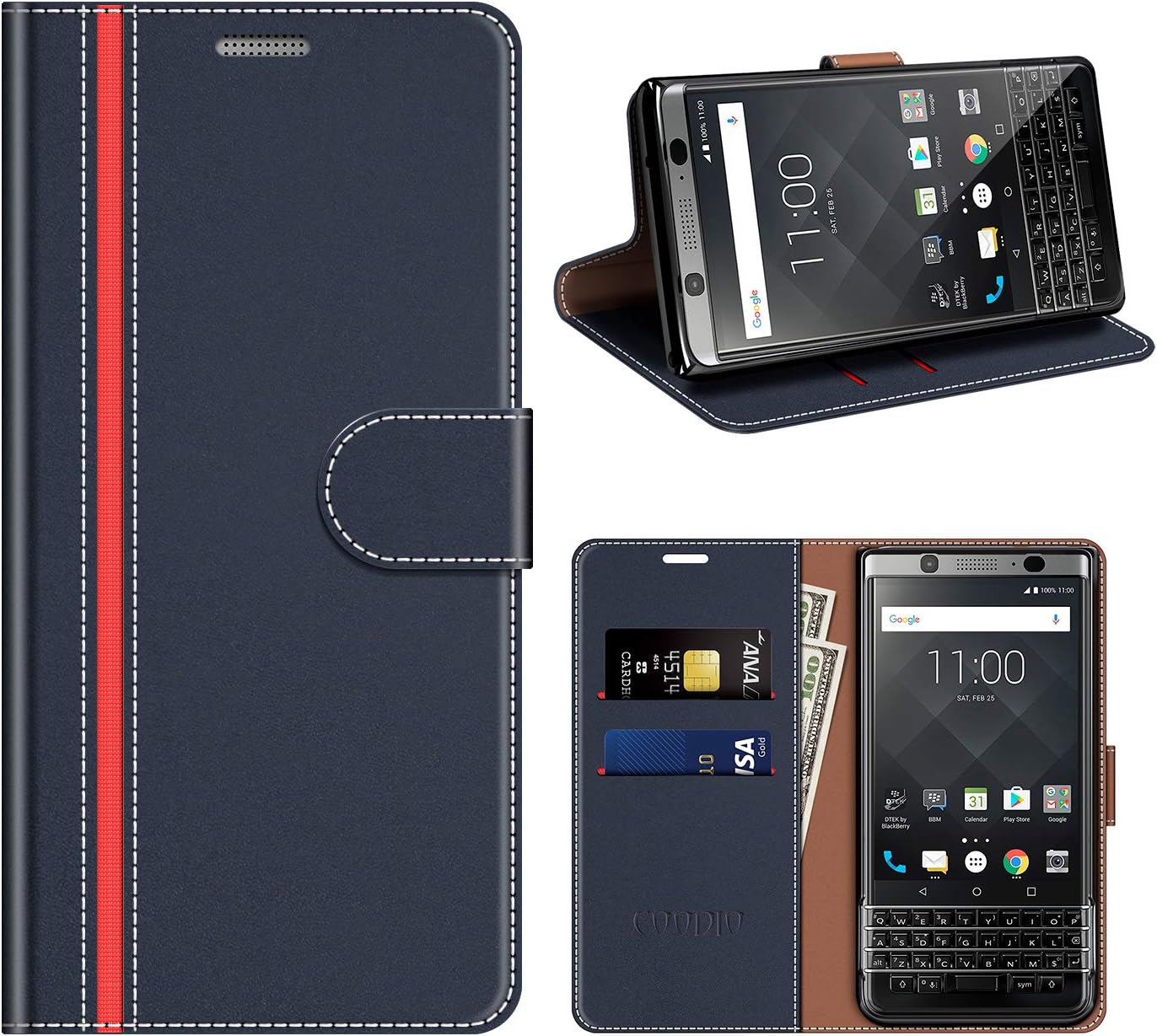 COODIO Blackberry KEYone Case, KEYone Leather Case, Blackberry KEYone Wallet Case, Magnetic Flip Case Cover/Wallet Stand/RUGGED For Blackberry KEYone, Stylish Blue