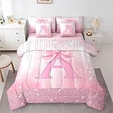 Feelyou Kids Pink Bowknot Bed in A Bag Twin Size, Personalized Initial A Comforter Set with Sheets Princess Glitter 7 Pieces Bedding Set Boys Girls Bow Alphabet Teens Bed Set Bedroom Decor 7Pcs
