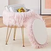 Mxfurhawa Faux Fur Storage Ottoman Round Furry Vanity Stool Marble Grain Tray Coffee Table Compact Footrest Stool with 4 Metal Legs Soft Makeup Seat Foot Stools for Living Room Bedroom Entryway Pink