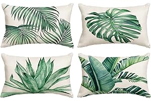 Set of 4 Green Plants Throw Pillow Covers 12x20 Inch / 30x50 cm 4 Pack Spring Summer Cushion Covers Tropical Plants Pillow Ca