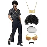 7Pcs Mens 70s Disco Costume, Retro Shirt Bell Bottom Pants Wig Sunglasses Necklace Wig Cap for Disco Party