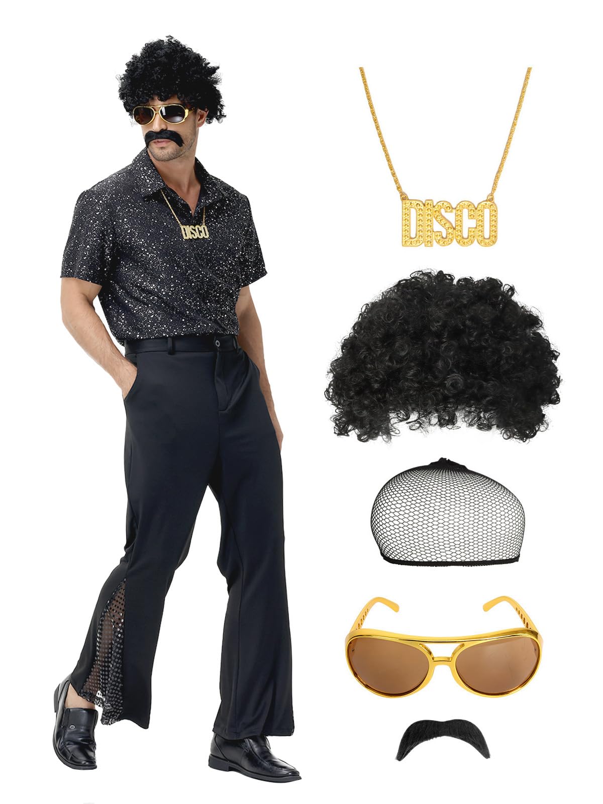Photo 1 of 70s Men's Disco Outfits, 7Pcs Disco Costume Include Retro Shirt Bell Bottom Pants Wig Sunglasses Necklace Wig Cap - L