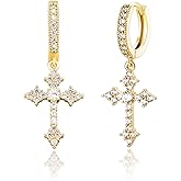 JINAO Cross Hoop Dangle Earrings 14K Gold Plated 5A+ Cubic Zirconia Cartilage Hypoallergenic Sterling Silver Cross Dangle Drop Earrings For Men Women