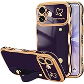 LLZ.COQUE for iPhone 17 Case for Women Girls with Strap, Wave Frame Cute Love-Heart Plating Luxury Bling Stand Cover, Raised Full Camera Soft Silicone Protective Phone Case for iPhone 17, Dark Purple