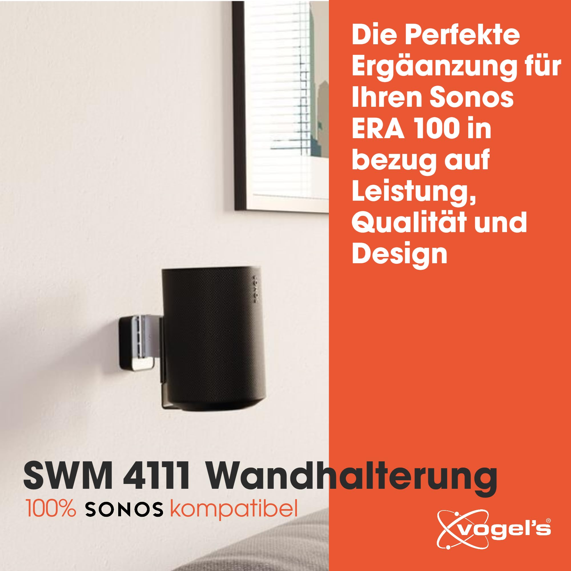Vogel's SWM 4111 Lautsprecher Wandhalterung für Sonos ERA 100, Max. 5 kg, Neigbar -30°/+30°, Schwenkbar bis zu 70° (Links/rechts), Schwarz (1x) 3