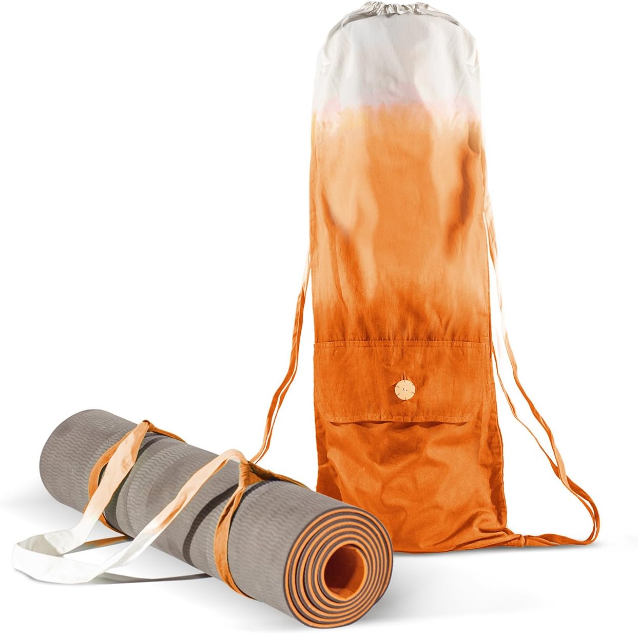 Koruai Set Yoga Mat Bag and Strap - Carrying Yoga Mat - Handmade Organic Cotton - Large Cargo Pocket Cool Backpack - Yoga Pilates Gym Fitness or Casual - Yoga mat not Included