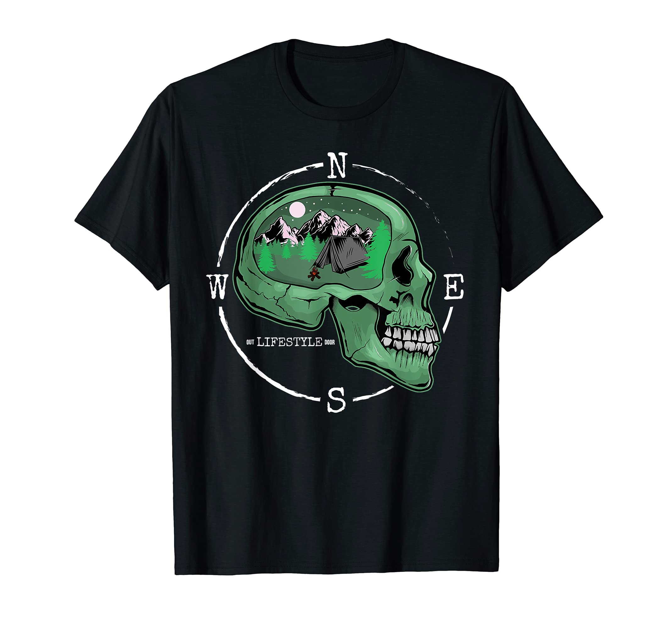 Skull Compass and Mountains Outdoorsman Camping Nature Lover T-Shirt