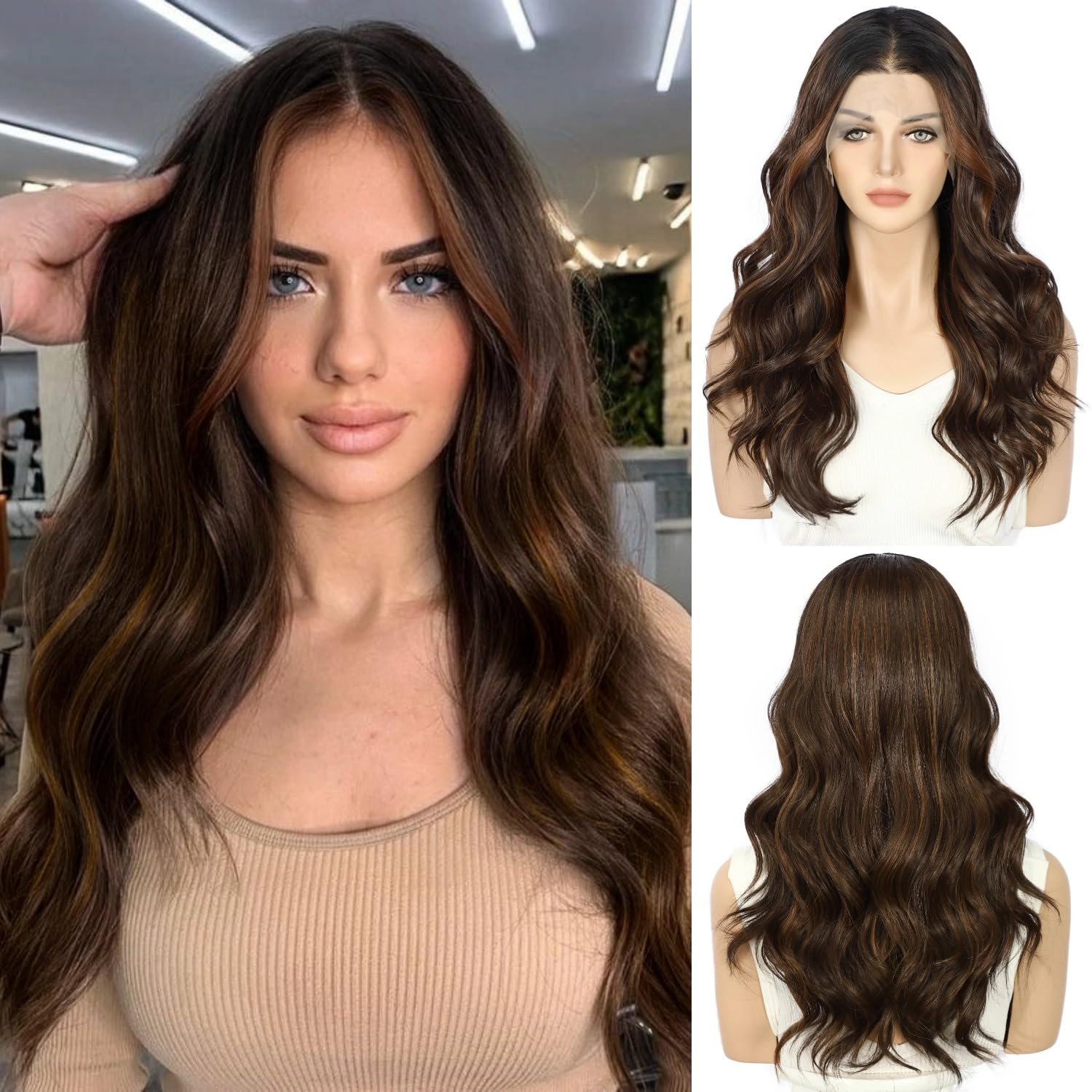Sapphirewigs Brown Lace Front Wig 13x4 Chocolate Brown Synthetic Wigs Body Wave Lace Front Hair Pre-plucked Daily Wear Party Date Christmas 22 inch