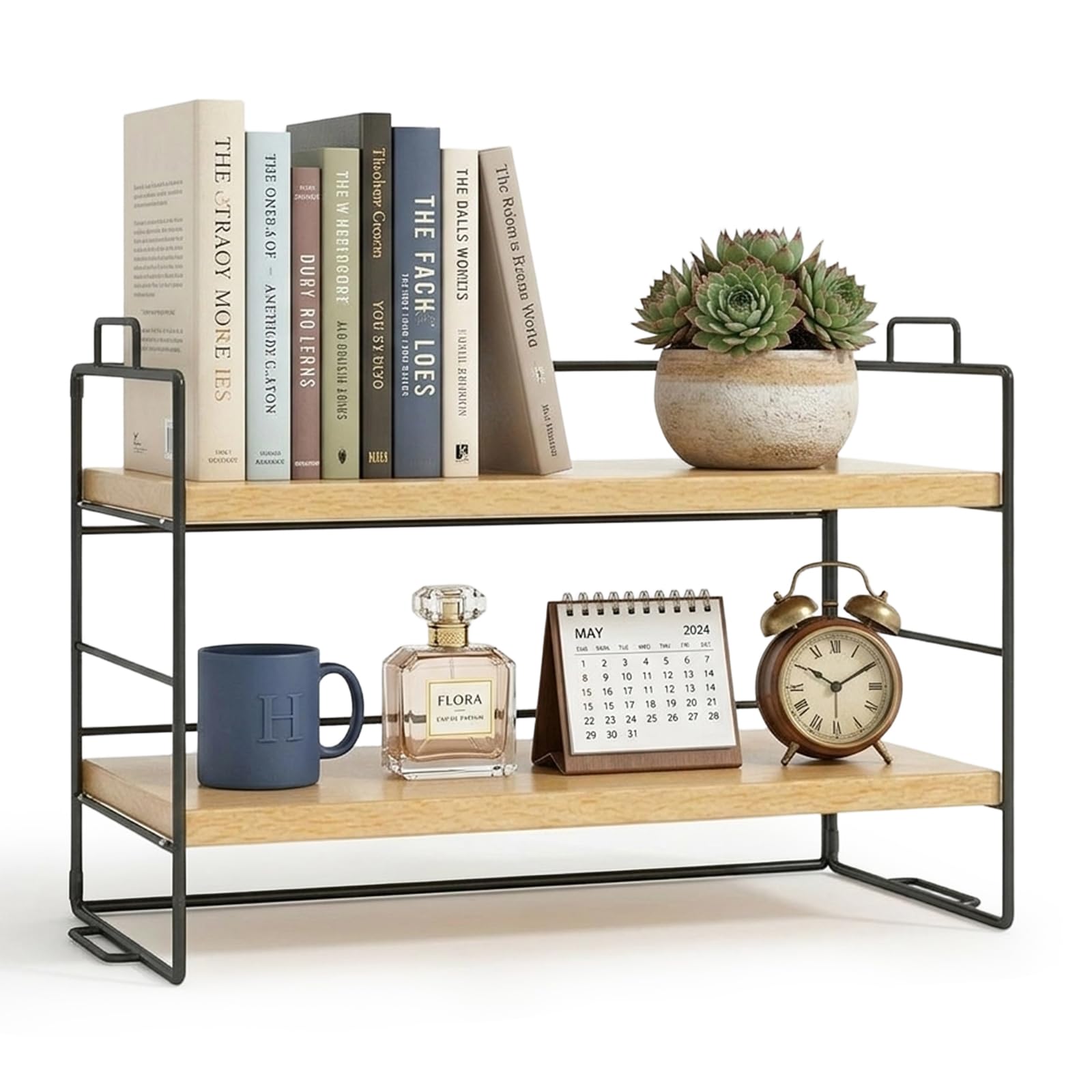 Milky Way Desktop Shelf Organizer, Desktop Bookshelf, Small Countertop Bookshelf Adjustable Desktop Organiser Desk Storage Used for Office Bedroom Kitchen Bathroom (Wood Black Frame)