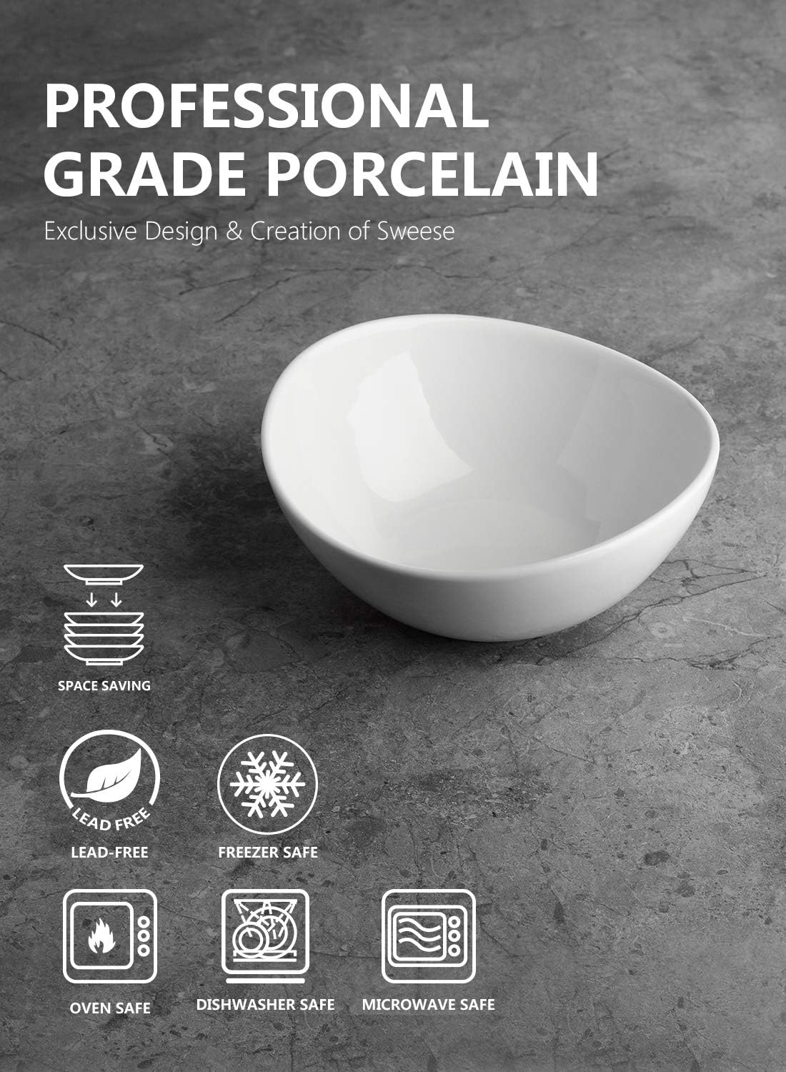 Sweese 101.001 Porcelain Bowls - 10 Ounce for Ice Cream Dessert, Small Side Dishes - Set of 6, White: Kitchen & Dining