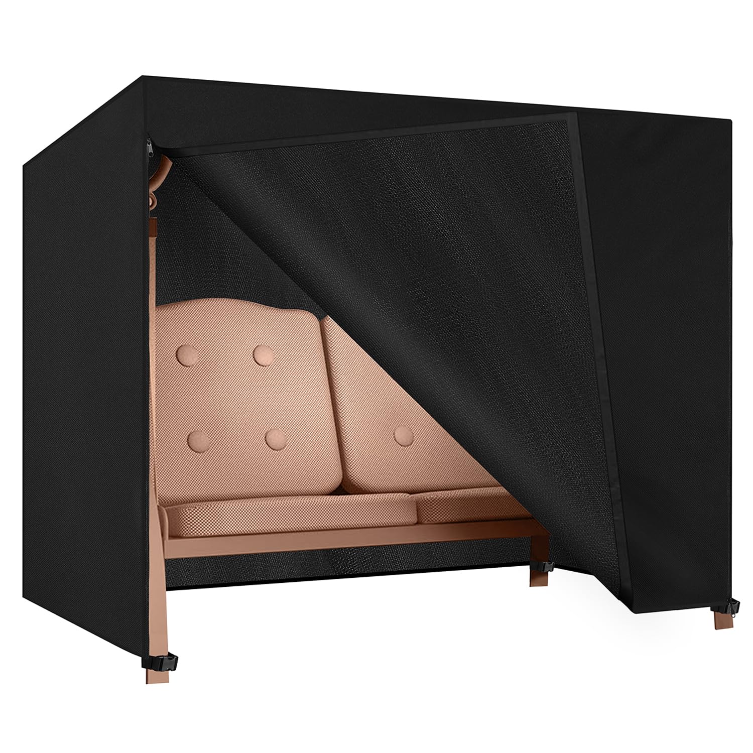 Dokon 3 Seater Garden Swing Covers Waterproof Heavy Duty Oxford Fabric Outdoor Swinging Chair Cover Windproof Anti-UV Patio Garden Hammock Cover with Zips (210x150x150cm) - Black