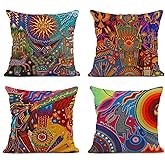 Sanwarm Throw Pillow Covers Home Decor Set of 4 Pillow Cases Decorative 18 x 18 Inches Outdoor Cushion Couch Sofa Pillowcases Colorful Boho Circle Doodle Ethnic Leaf