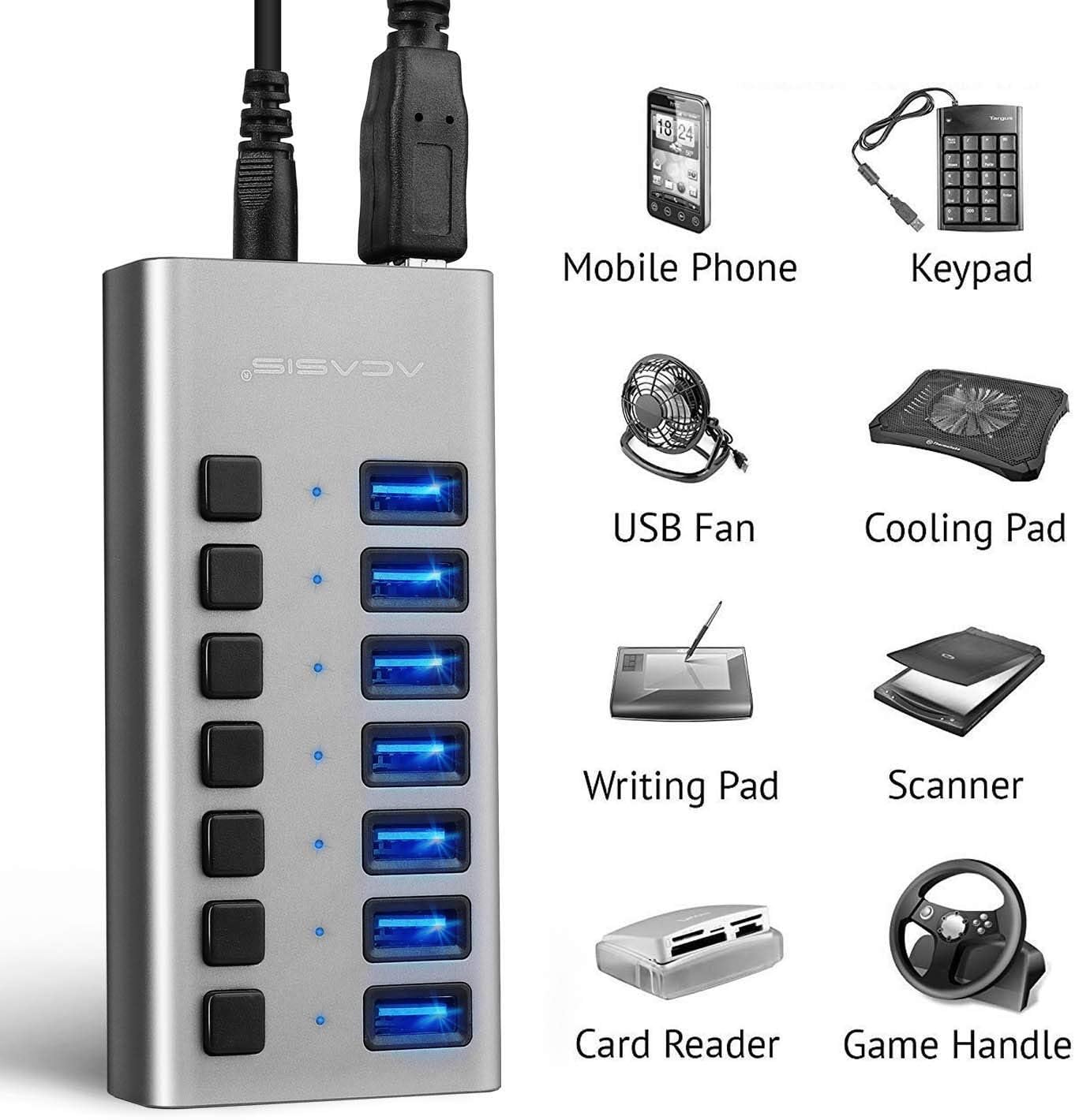 Powered USB Hub - ACASIS 7 Ports 36W USB 3.0 Data Hub - with Individual On/Off Switches and 12V/3A Power Adapter USB Hub 3.0 Splitter for Laptop, PC, Computer, Mobile HDD, Flash Drive and More: Computers & Accessories