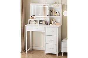 Kitsure Vanity Desk with Mirror and Lights - Large Capacity Makeup Vanity with 4 Fabric Storage Drawers & 3 Lighting Modes, Vanity Table Set with Sturdy Metal Frame for Bedroom, White, 35" x 17" x 52"