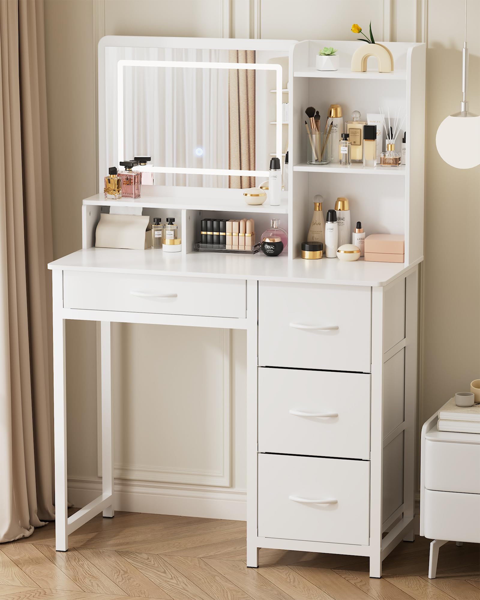 Photo 1 of Kitsure Vanity Desk with Mirror and Lights - Large Capacity Makeup Vanity with 4 Fabric Storage Drawers & 3 Lighting Modes, Vanity Table Set with Sturdy Metal Frame for Bedroom, White, 35" x 17" x 52"