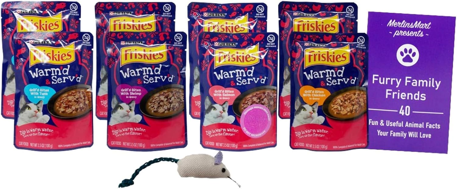 Friskies Warm'd & Serv'd Grill'd Bites in Gravy Wet Cat Food Pouch Variety - (2) Each: Tuna, Shrimp, Salmon, Chicken (3.5 Ounces) | Plus Catnip Toy and Fun Animal Facts Booklet Bundle